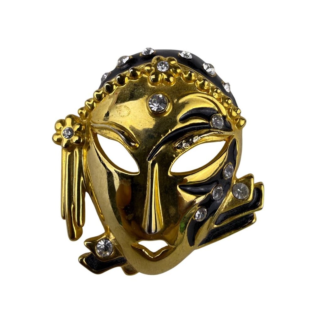 Vintage Gold Tone Rhinestone Mask Brooch Pin Black Enamel Accents Unique Detail